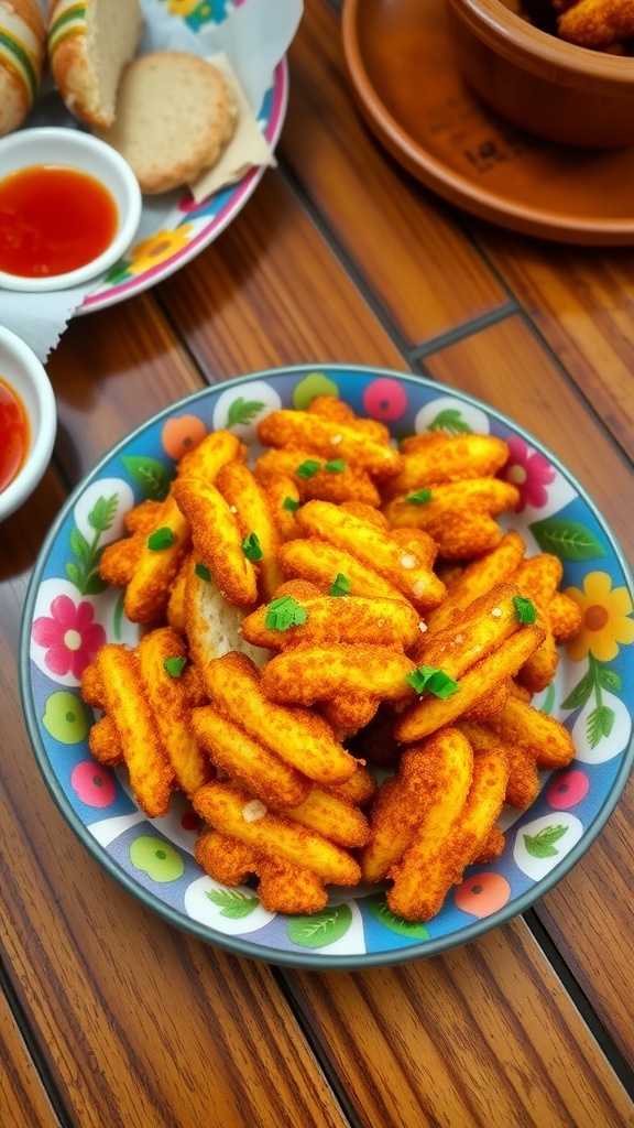 Crispy 5 ribuan snacks served on a colorful plate with dipping sauce.